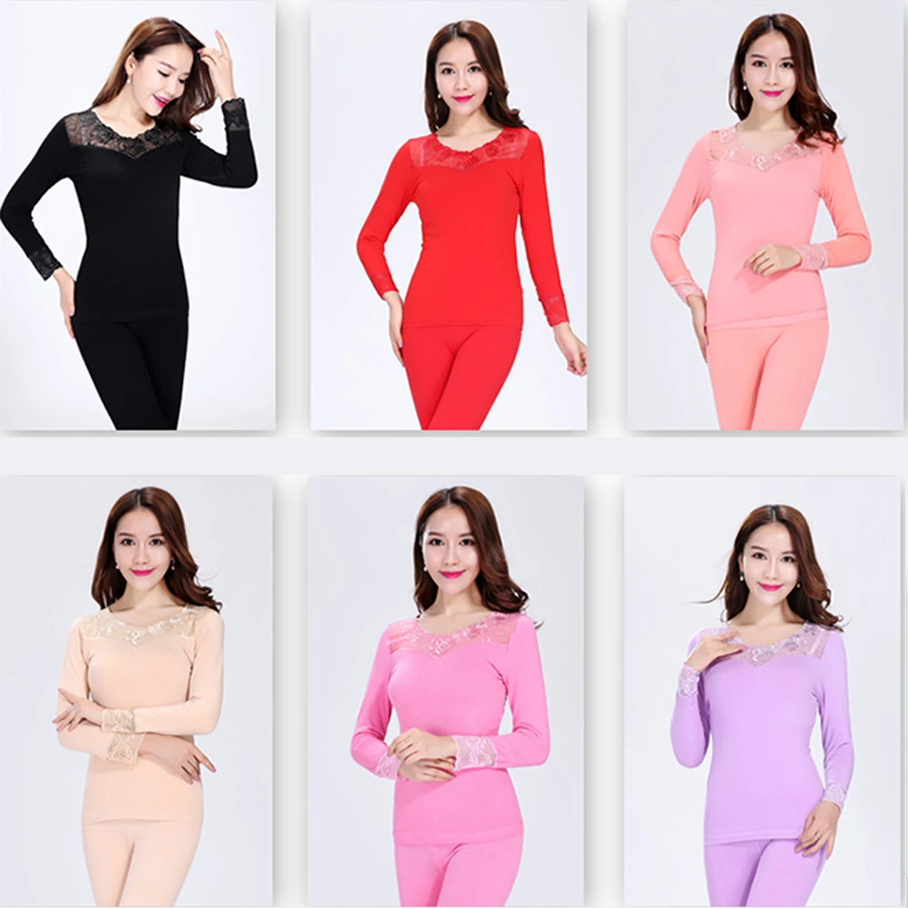

2pcs Suit V-neck seamless Women Thermal Underwears Tops+Pants Slim Winter Warm Ladies lace Underwear Thermal Underwear Bottoms