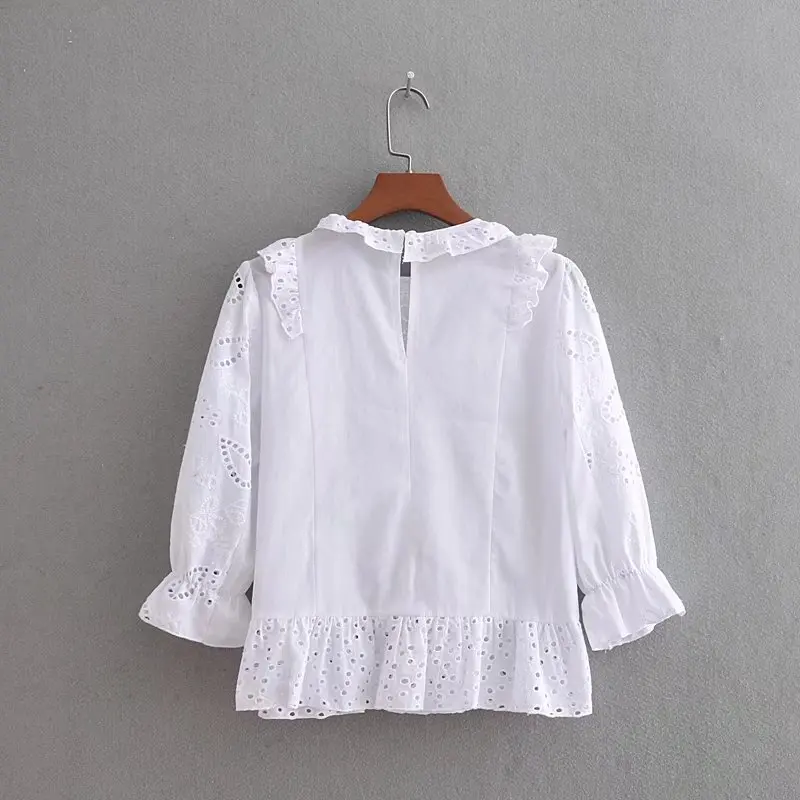 2018 Женская милая вышитая открытая кружевная блузка с оборками белая элегантная
