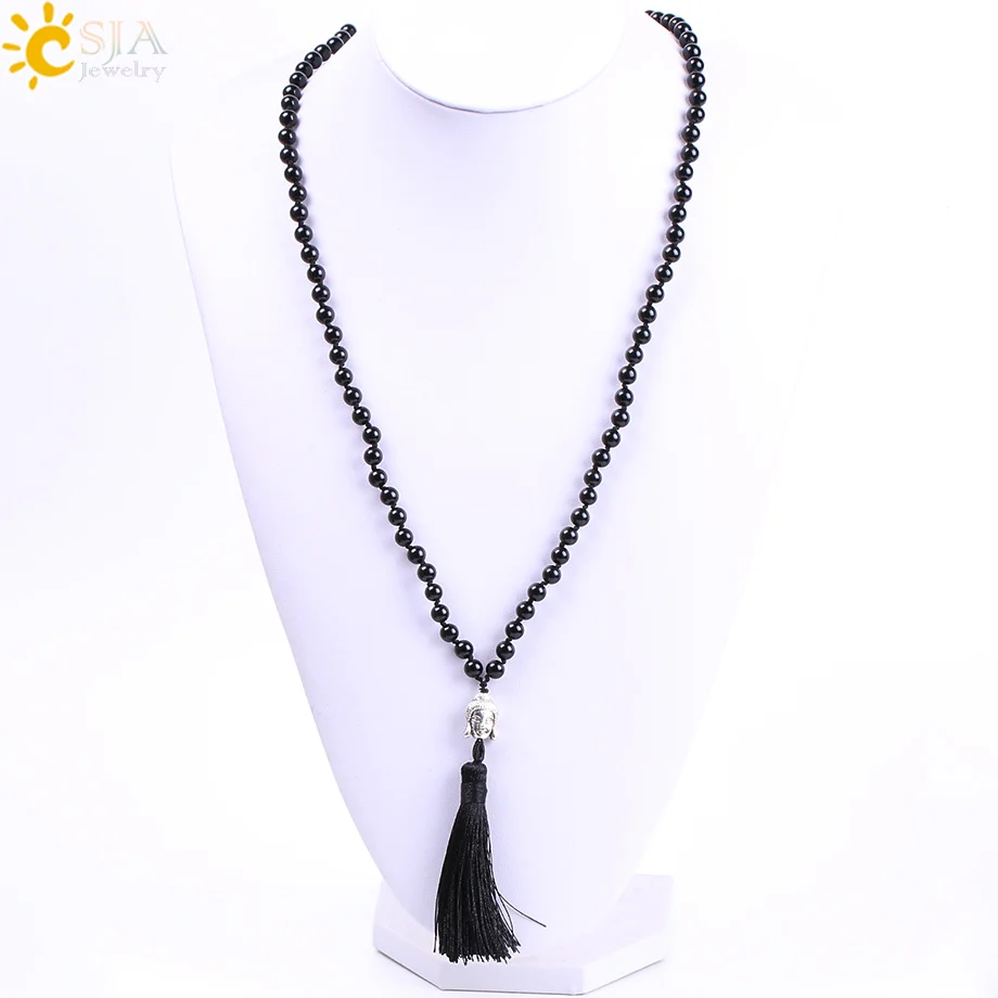 CSJA натуральный черный обсидиан 108 бусин винтажные длинные ювелирные ожерелья для