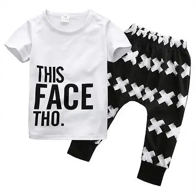 baby summer 2pcs Set 2016 boy toddlers kids short sleeve letter printed tops+cross long pants outfits |