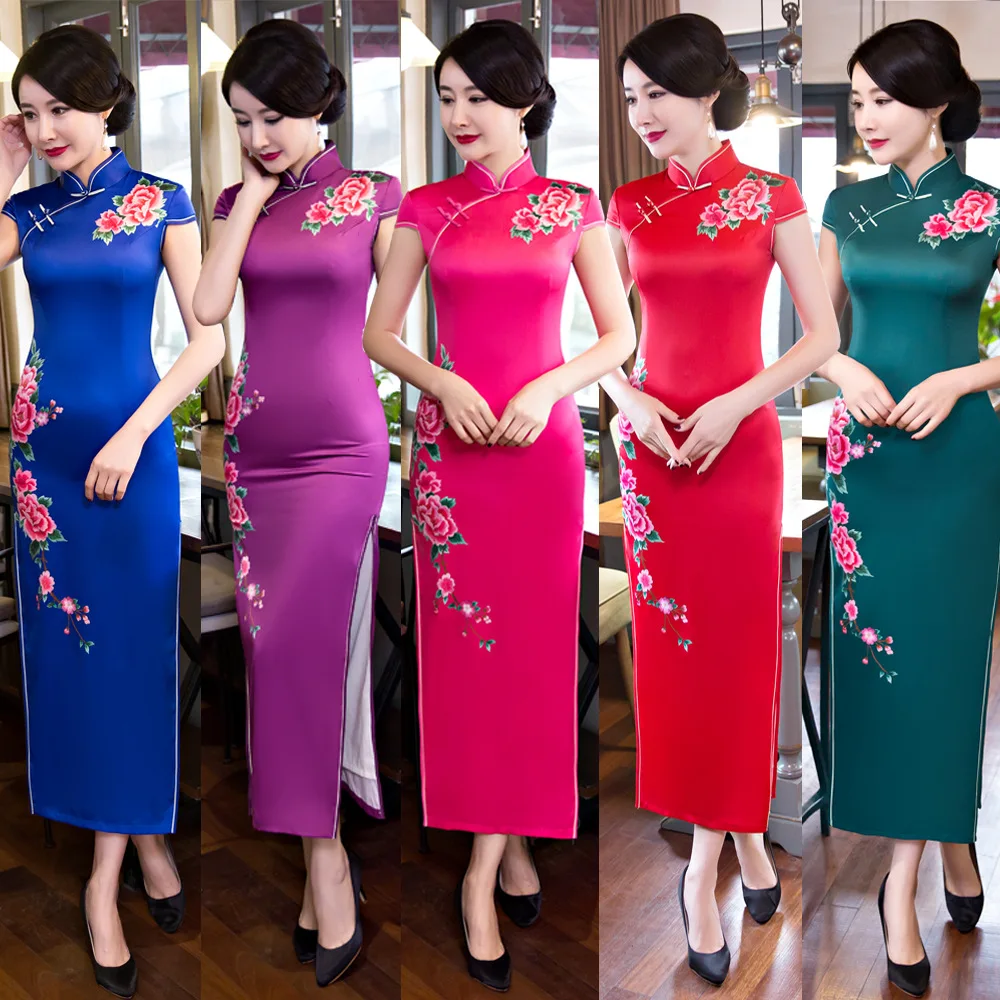 

2019 Long Cheongsam Vintage Chinese style Mandarin Collar Dress Womens Summer Rayon Qipao Slim Party Dresses Vestido S-XXXL