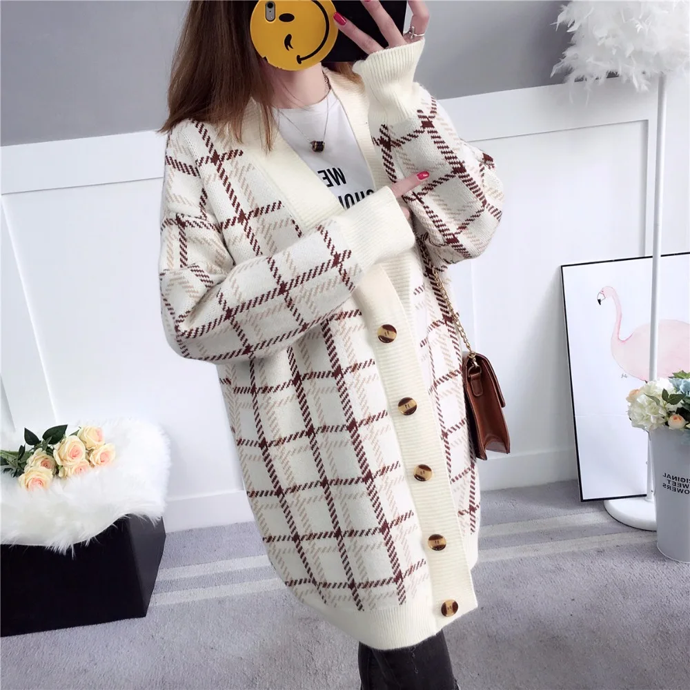 2019 Новый зимние кардиганы длинный Повседневный свитер джемпер оверсайз плед