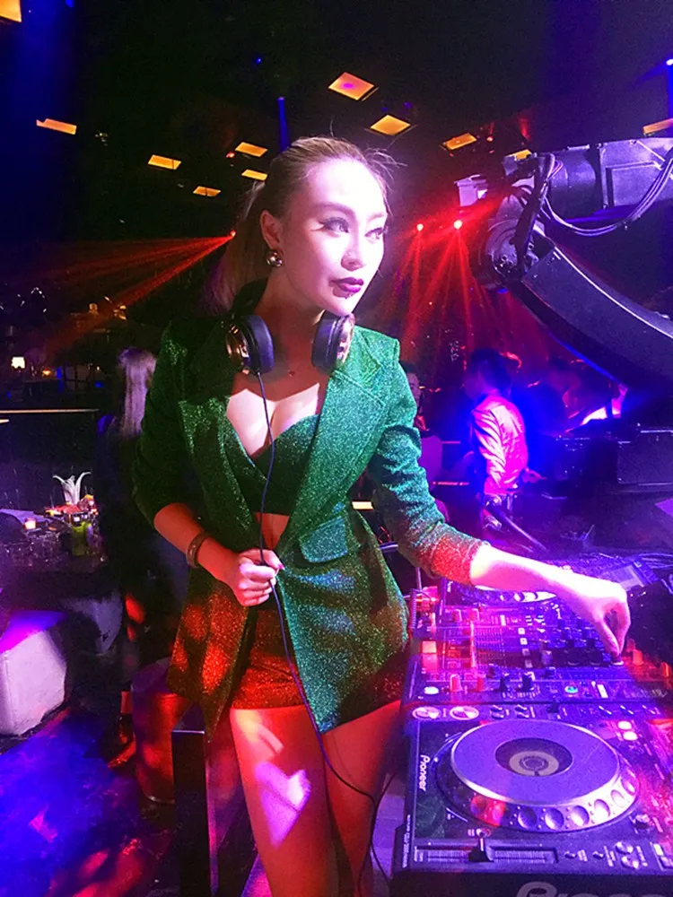 Женский костюм Go-Go для певицы для сцены наряд зеленый фиолетовый сексуальный Модный комплект из 3 предметов танцор джаза команда костюм для выступлений одежда для выступлений