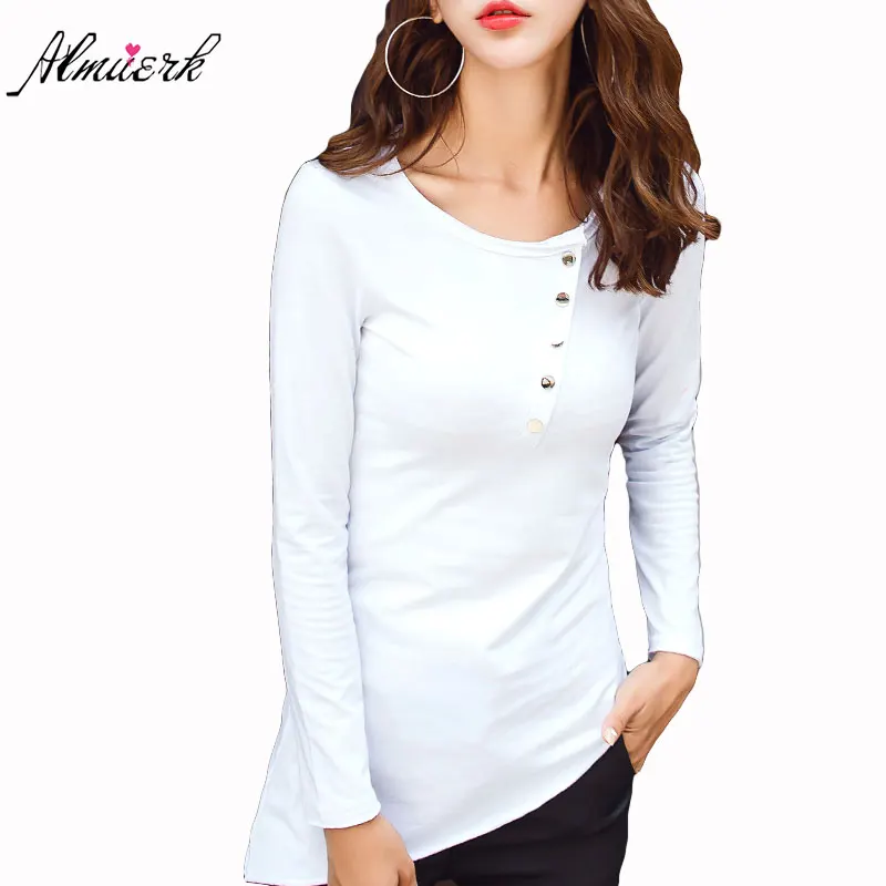 

fashion new women round neck buttons cotton T-shirt medium length long sleeves asymmetric female cotton T-shirt bottom shirtL236