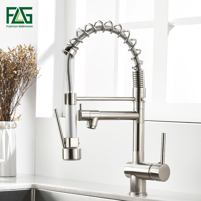 

FLG Spring Kitchen Faucet Swivel Side Sprayer Dual Spout Kitchen Mixer Tap Brushed Nickel Kitchen Sink Faucet 360 Rotation