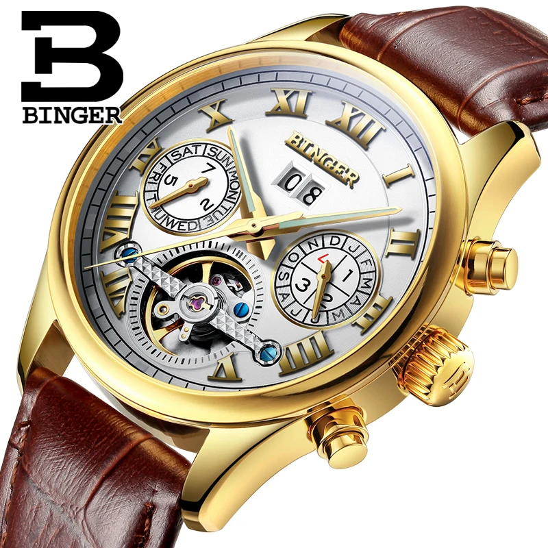 Швейцарские мужские часы BINGER роскошный бренд турбийон сапфир светящиеся