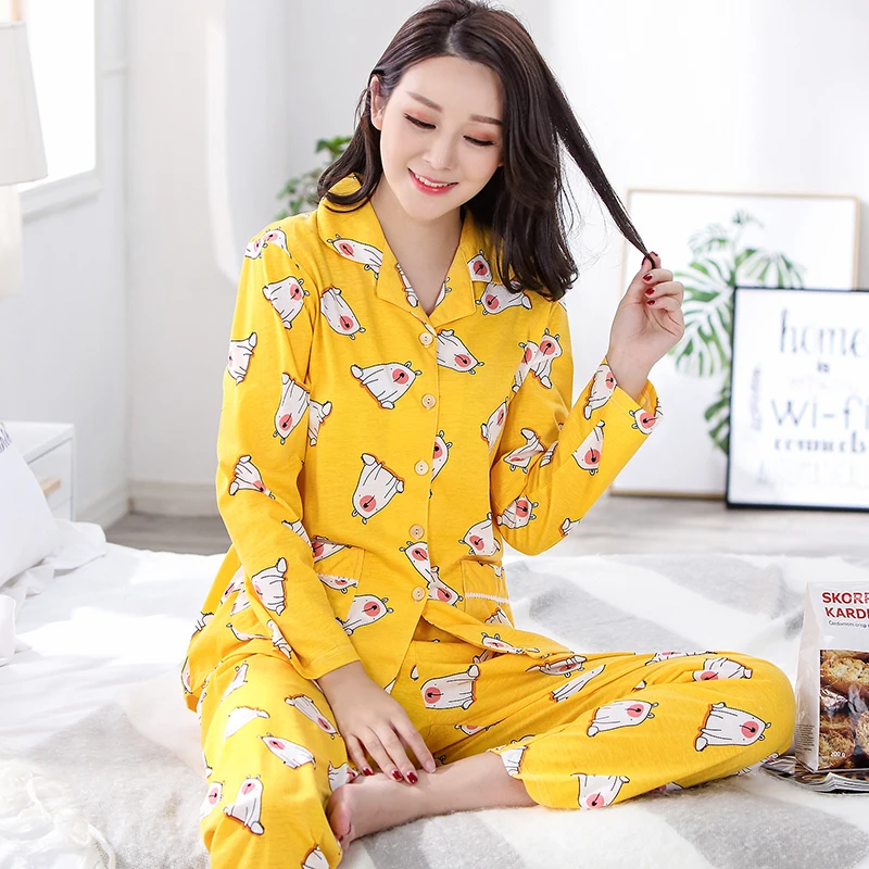 Осень Длинные рукава 100% хлопок из двух частей Наборы для ухода за кожей пижамы