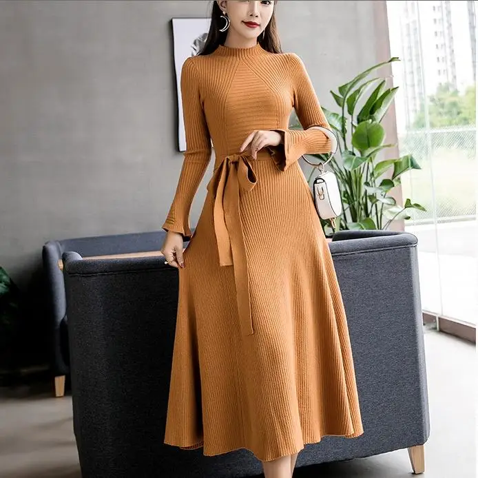 Женское платье-свитер длинное облегающее платье с рукавами-фонариками и длинным