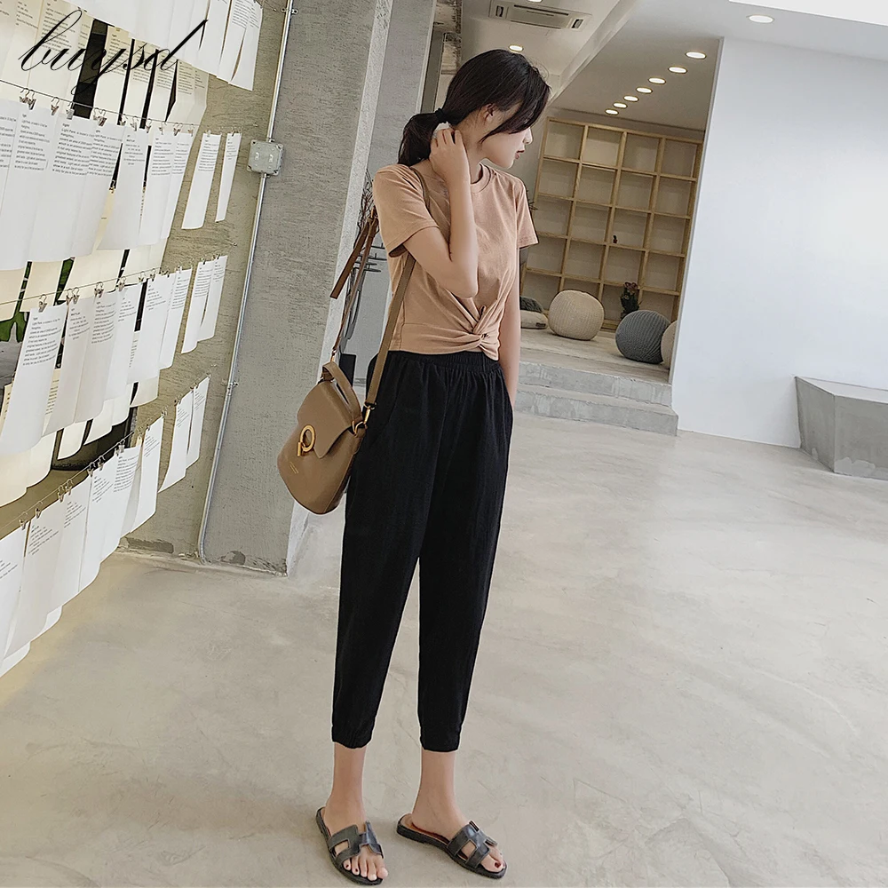 Женские шаровары до щиколотки BUYSD повседневные однотонные хлопковые средней