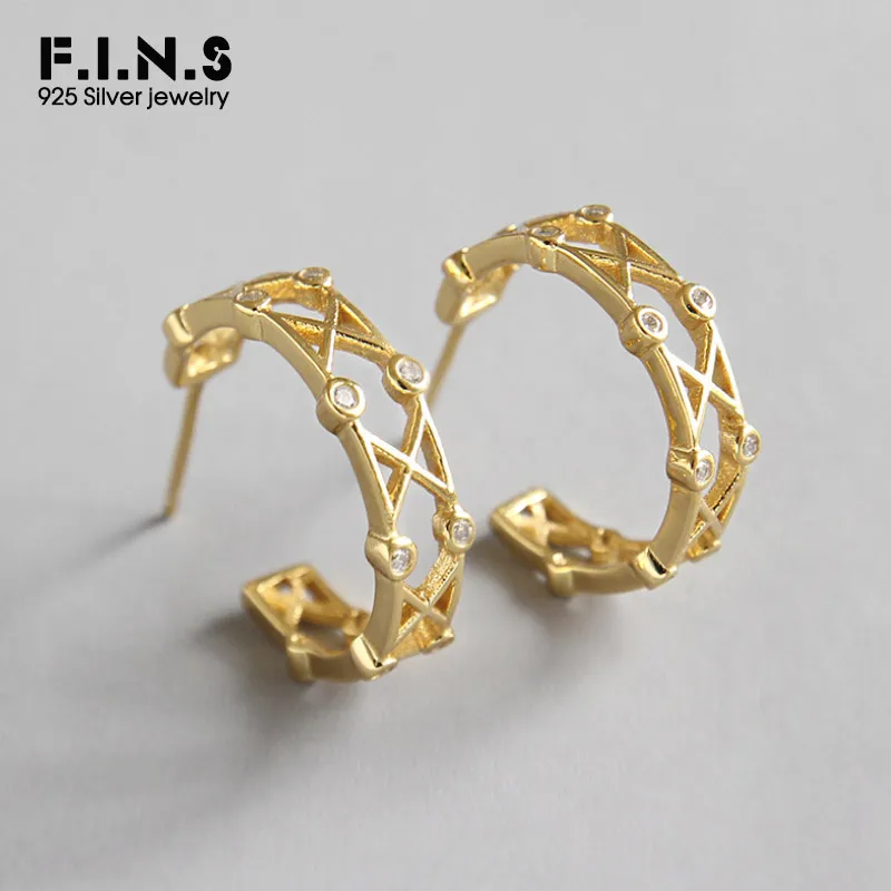 F.I.N.S Модные женские серьги золотой обруч серьги для женщин серебро 925 пробы золотые CZ серьги, ювелирные изделия