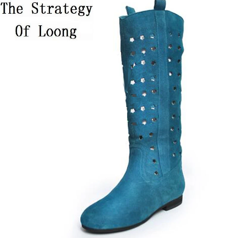 Женские сапоги до колена из натуральной кожи с перфорацией женские высокие