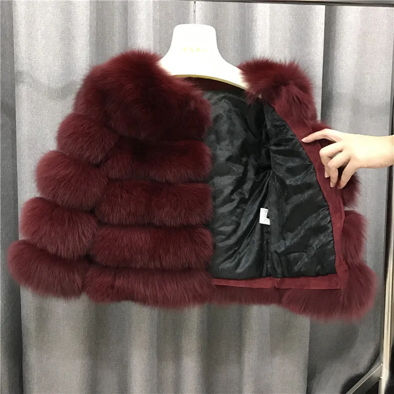 Wine Red Модная шуба из натурального Лисьего меха, Модное теплое пальто из натуральной кожи высокого качества, Короткие шубы из лисьего меха - Цвет: Wine Red