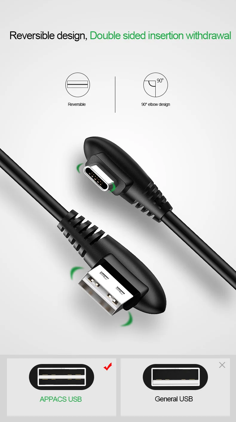 APPACS usb type C 90 градусов быстрая зарядка USB C кабель L type-c шнур для передачи данных зарядное устройство для samsung S8 S9 Note 8 Xiaomi mi6 usb type-C