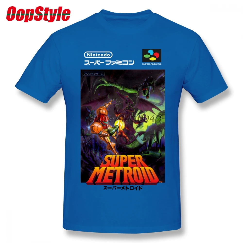 Супер Metroid nintendo Super Famicom японская коробка искусство рубашка SNES Футболка мужская Homme Пользовательские Короткий рукав плюс размер Мужская футболка - Цвет: Синий