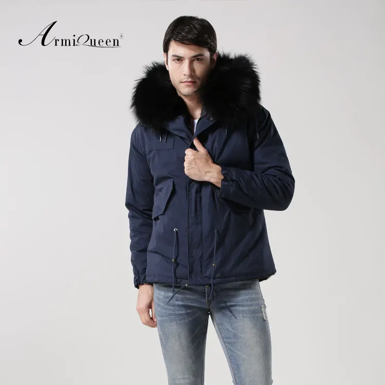 Темно синяя оболочка ткань снаружи черный мех внутри и капюшон мужская стильная