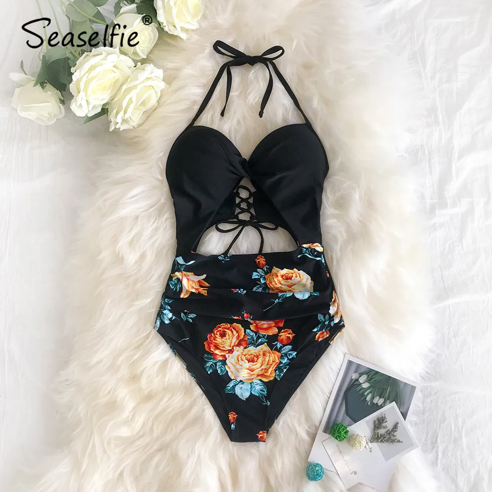 Seasuelfie, черный, цветочный принт, Холтер, Цельный купальник для женщин,, сексуальный, с вырезом, на шнуровке, пляжная одежда, купальник, летний купальник