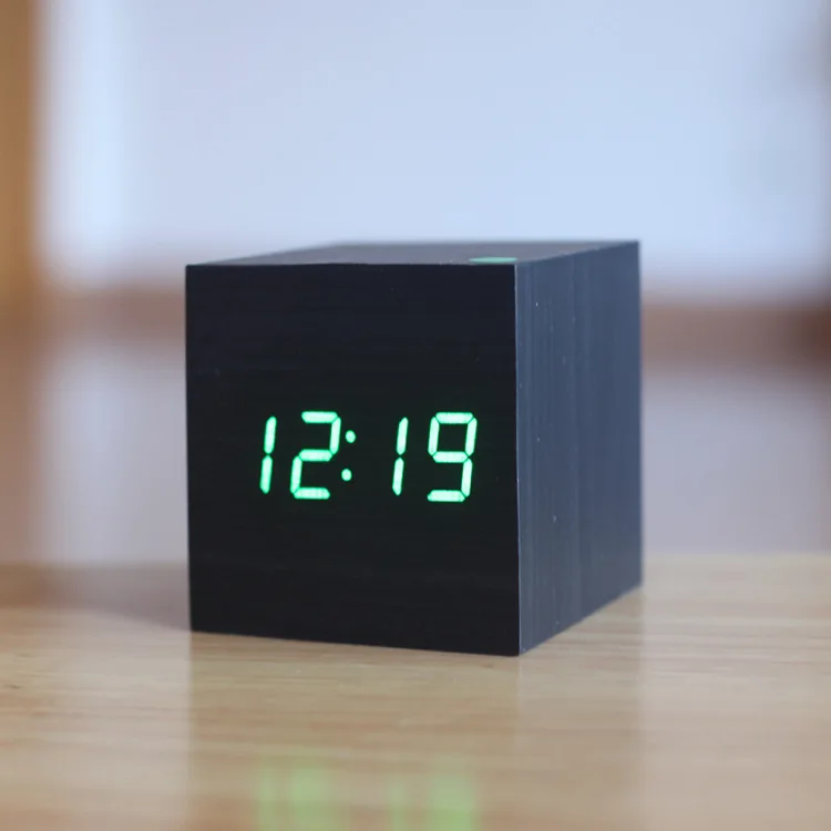 black green Деревянный куб светодиодный Будильник, despertador контроль температуры звуков светодиодный дисплей, электронные настольные цифровые настольные часы, SKU4A4A3 - Цвет: black green