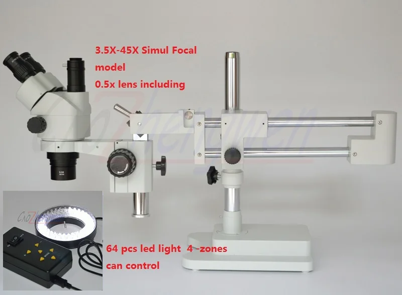 FYSCOPE Новый микроскоп 3.5X 45X Simul Focal двойной стрелы стенд Тринокулярный Стерео зум + 64