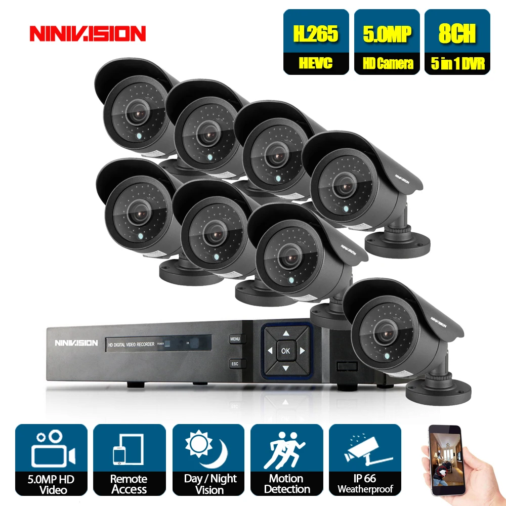 Система видеонаблюдения NINIVISION 5 МП 8 камер Мп|Система наблюдения| |