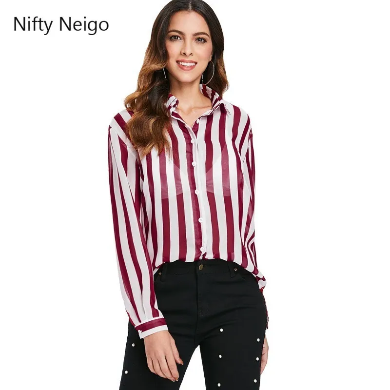 Nifty Neogo Офисная Женская рубашка в полоску полупрозрачная блузка с отложным