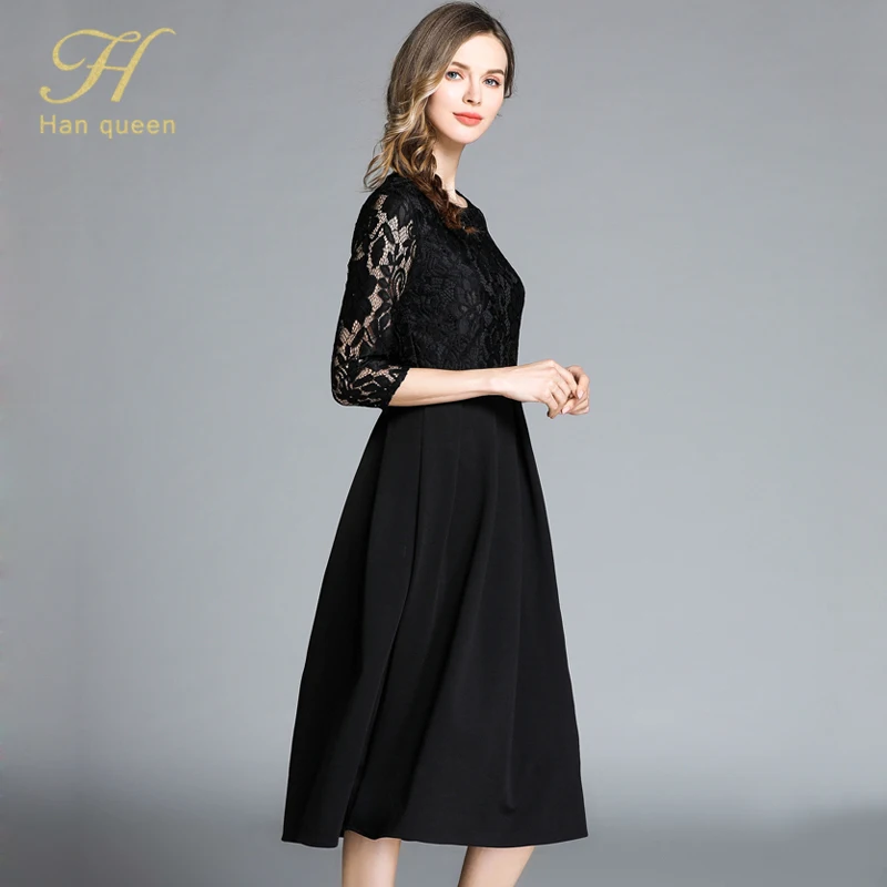 BLACK H han queen/Европейские летние платья для женщин, с круглым вырезом, кружевное, в стиле пэчворк, а-силуэт, OL, офисное, Повседневное платье, тонкое, с вырезом, сексуальное, Vestido - Цвет: BLACK