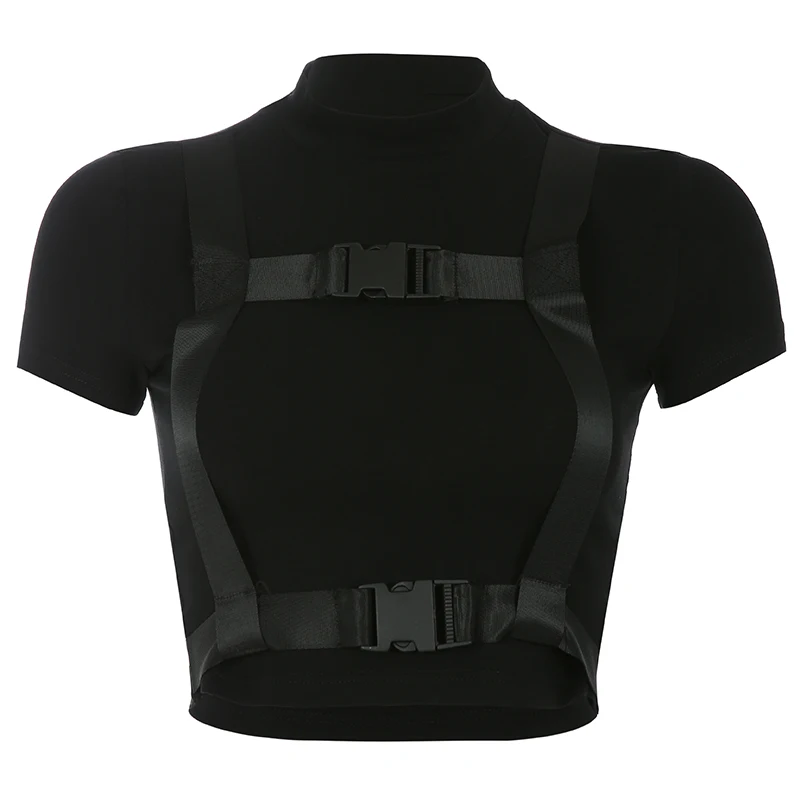 Кроп топ с перекрестной пряжкой и лентой черная Базовая женская футболка в стиле