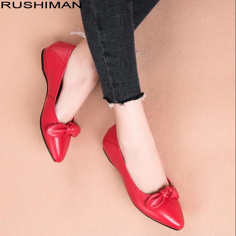 

RUSHIMAN Women Shoes 2019 Genuine Leather Women Flats Fashion Female Casual Work Ballet Flats Ladies Driving Shoes
