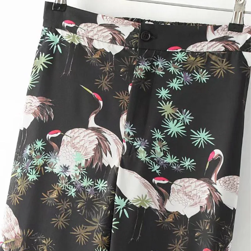 Брюки клеш расклешенные брюки Лето 2017 г. японского журавля Отпечатано эластичный