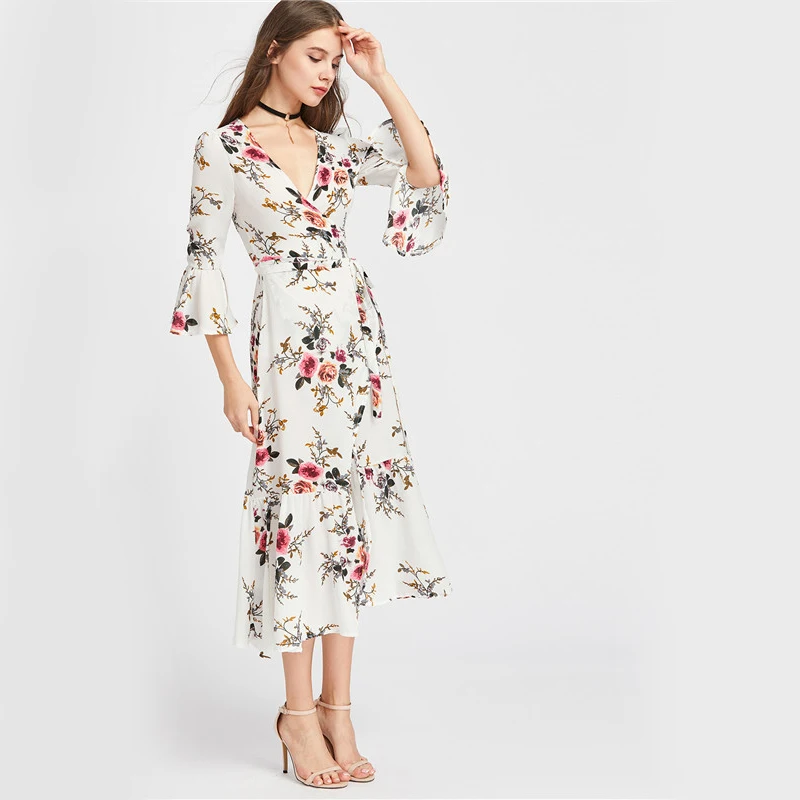 Sheinside, шифоновое летнее платье, женское, цветочное, v-образный вырез, сексуальное, с разрезом сбоку, элегантное, миди, платья,, с расклешенными рукавами, повседневное, Пляжное Платье