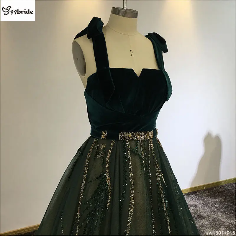 Boat-Neck темно-зеленый велюровый Длинные Вечерние Платья vestidos de fiesta largos elegantes de gala линии Спагетти ремень платья для выпускного вечера
