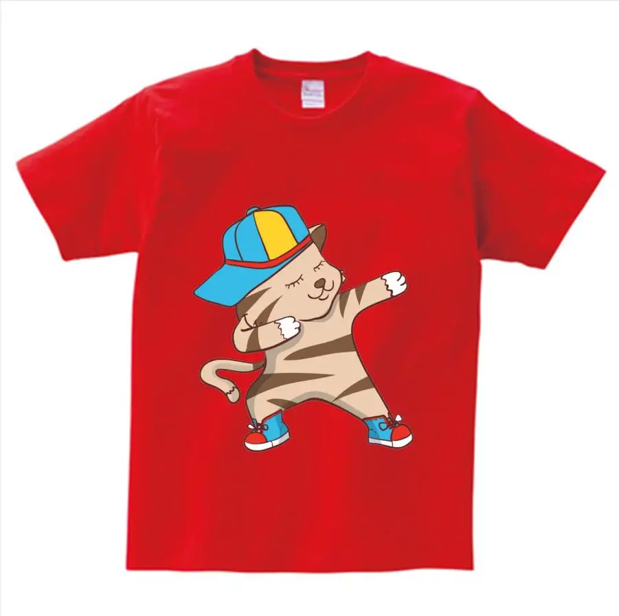 red childreT-shirt Детская летняя футболка футболки с короткими рукавами для мальчиков и девочек с забавным рисунком кота Санта Клауса, даб Дэнс, футболка для детей 2-15 лет - Цвет: red childreT-shirt