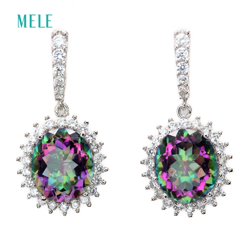 Меле натуральные Мистик кварты серебряные серьги большой овальный 10 мм * 12 Радуга