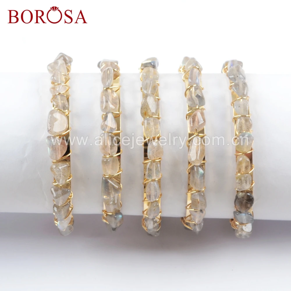 BOROSA 5/10PCS Fashion Natural Labradorite Beads Bangles Gold Color Wire Wrapped Gems Stone Bracelet for Wholesale WX1035 | Украшения и