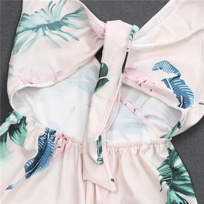Модный женский комбинезон Boho, длинный, макси, вечерний комбинезон с цветочным принтом, сарафан, полый бант, v-образный вырез, женский комбинезон