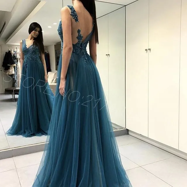 

2020 New Hot Elegant Turquoise Appliques Pearl Beaded Sexy Side Slit Sleeveless Backless Tulle Long A Line Prom Dresses