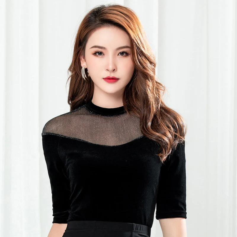 Женский топ для латиноамериканских танцев черный со средним рукавом Румба ча