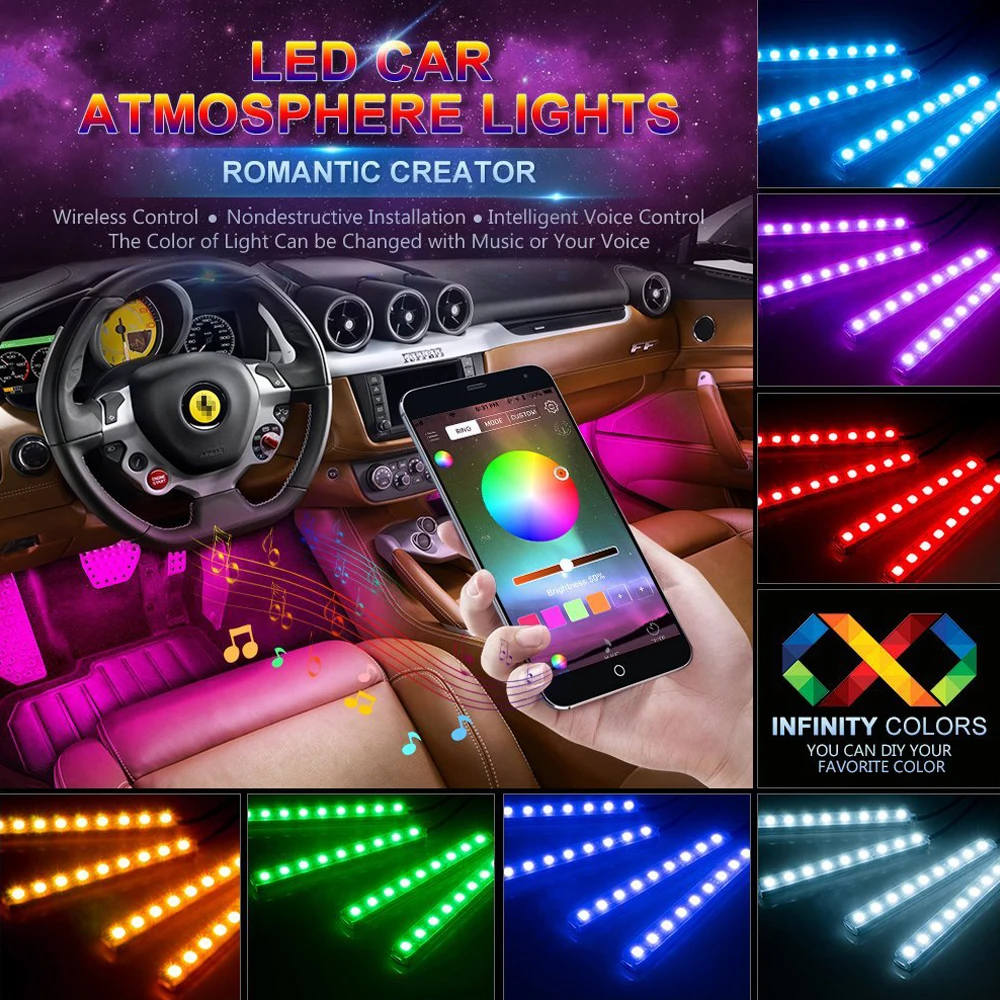 Светодиодная лента для автомобиля cascaleca, автомобильная интерьерная RGB атмосферная лампа, Bluetooth управление, Голосовое управление музыкой, комплект 12 В, автомобильный стиль