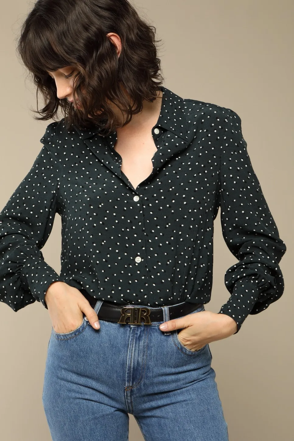 Ранняя весна вискоза точка рубашка Блузки Классический горошек пузырь плеча рукав длинный рукав рубашка