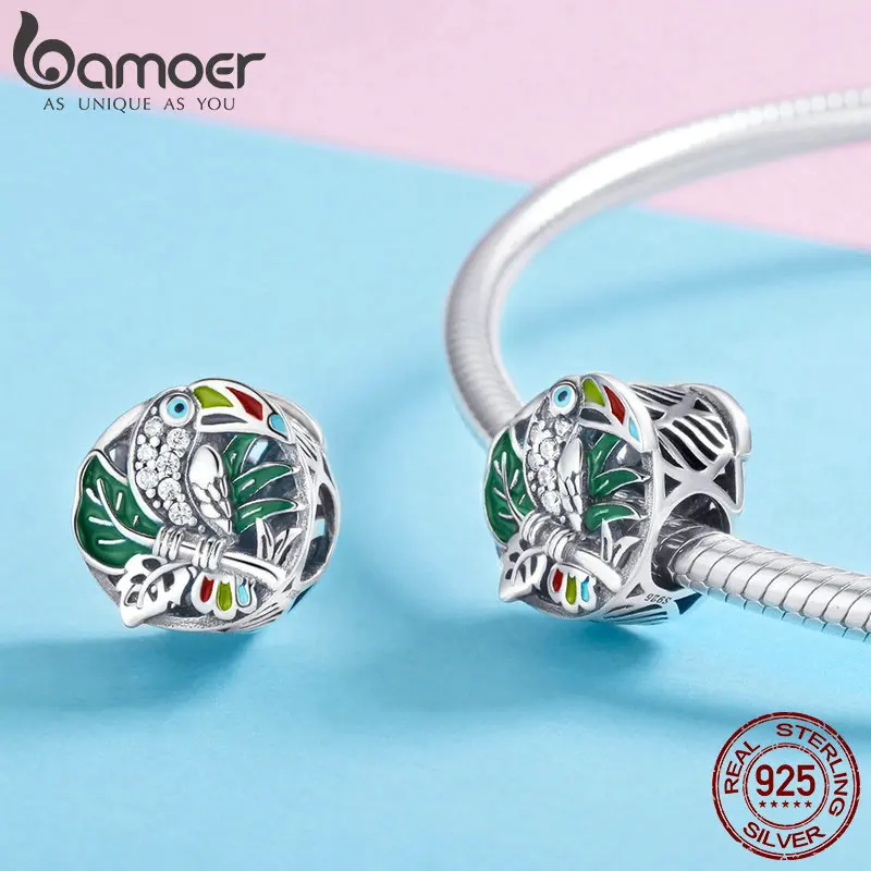 BAMOER, новинка, 925 пробы, серебряный, разноцветный, CZ, прекрасный тукан, птица, очаровательный бисер, подходит для браслетов и ожерелья, сделай сам, ювелирное изделие SCC853