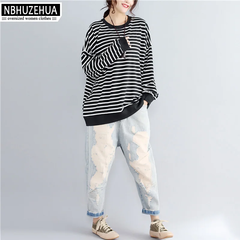 NBHUZEHUA T665 4XL 5XL 6XL Осенняя полосатая футболка женская хлопковая футболка с длинным рукавом Повседневная Длинная футболка размера плюс женская одежда s