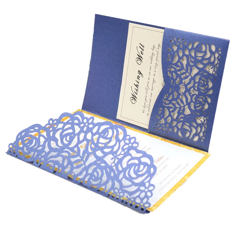 

laser cut invitation pocket navy blue rose tri-fold wedding invitation card