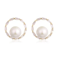 zircon simulated pearl stud earrings for women new copper round female earring fashion wedding party ear jewelry brincos
