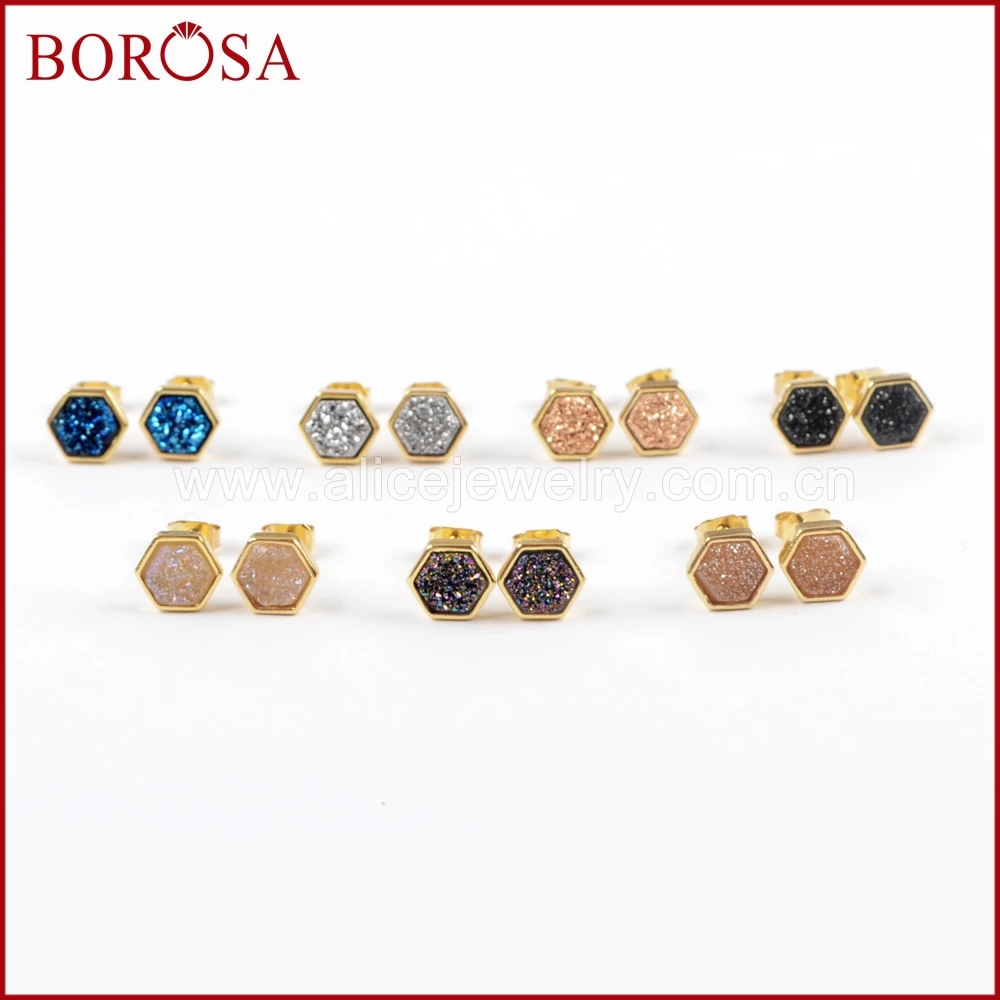 

BOROSA 5/10Pairs Hexagon Gold Color Bezel Rainbow Titanium Druzy Stud Earrings Agates Drusy Earrings for Women Jewelry ZG0275