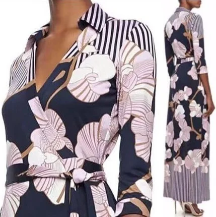 

High-end Printing Long Sleeve V-neck Cultivate one's morality Long elastic dress