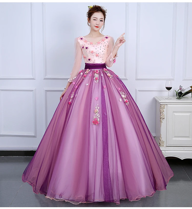 Vestido 15 quinceanera Дешевые Длинные рукава Бальные платья фиолетовые Бальные платья с открытой спиной с цветами из бисера милые 16 платья