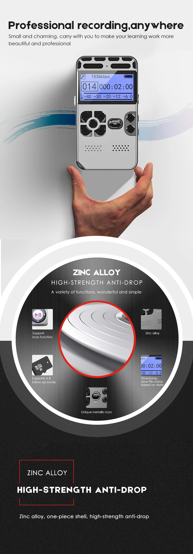 Поддержка 64G расширение Профессиональный скрытый диктофон регистратор MP3 HIFI стерео 1536KPS WAV записывающее устройство серый