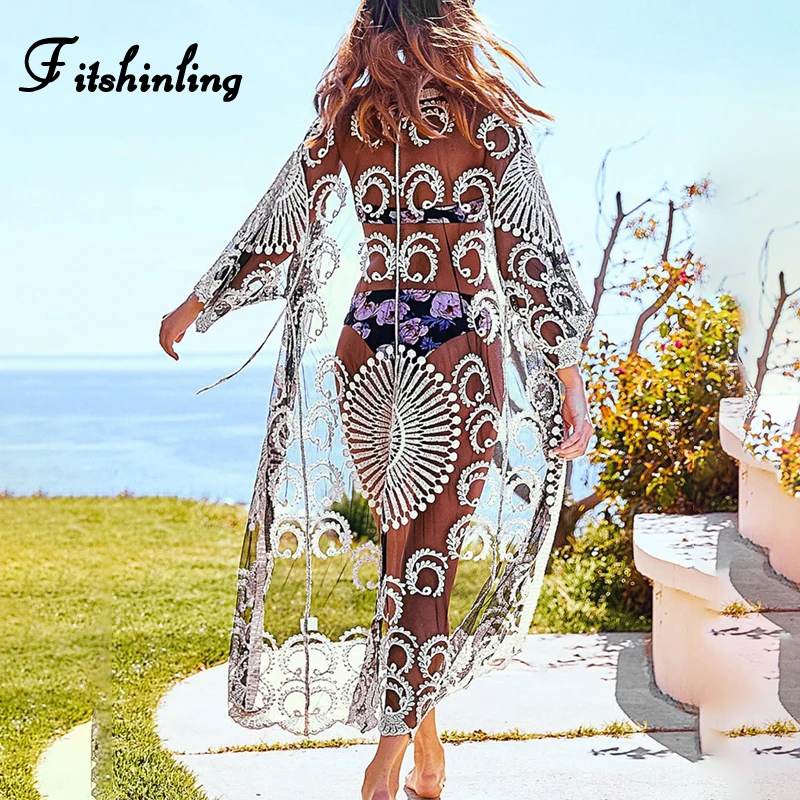 

Сетчатая Пляжная накидка Fitshinling, купальный костюм, Прозрачное кимоно с цветочной вышивкой, летний длинный кардиган, праздничная Сексуальна...