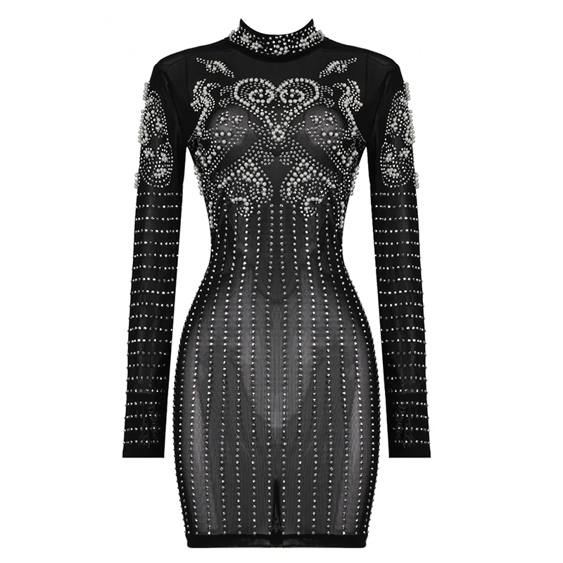 VESTIDOS зимнее платье женское сексуальное прозрачное с бусинами и бриллиантами Сетчатое черное Бандажное платье Элегантные Дизайнерские Мини Вечерние платья