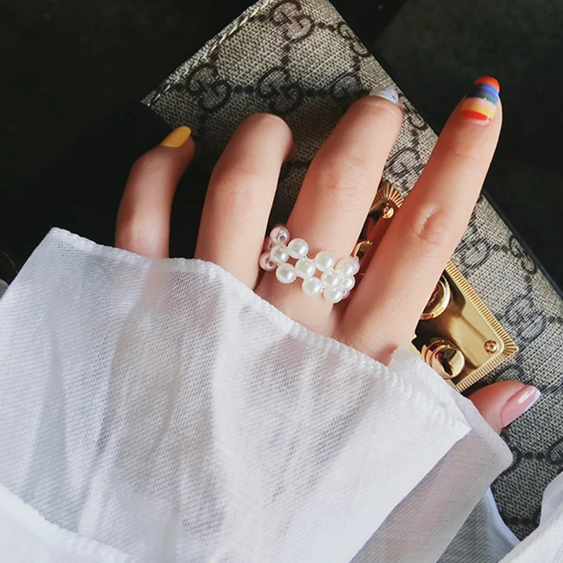 Женское плетеное кольцо с жемчугом простое эластичное регулируемое Многорядное