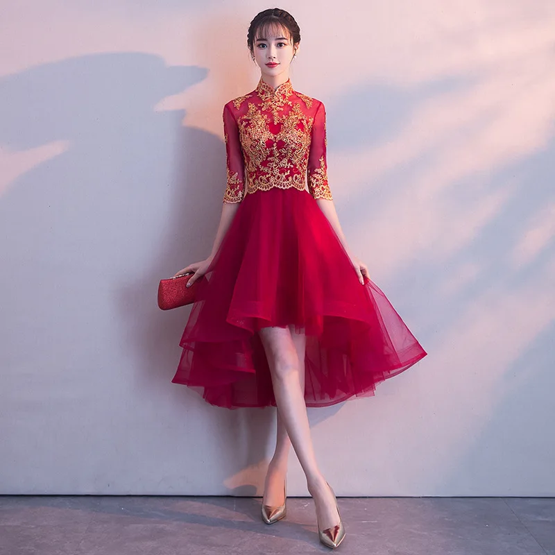 burgundy Красное традиционное китайское свадебное платье Cheongsam длинное Qipao свадебное традиционное Классическое женское платье восточные платья Vestido Novia - Цвет: burgundy
